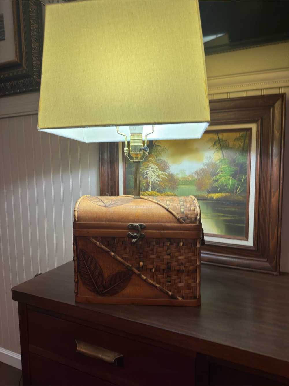 Vintage Handcrafted Woven Wood Bamboo & Copper Basket Box lamp 1970